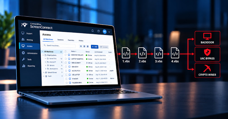 ScreenConnect bị lạm dụng để phát tán chuỗi VBScript bốn giai đoạn