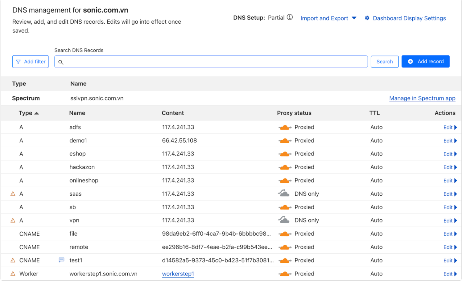 Cloudflare DNS records dashboard