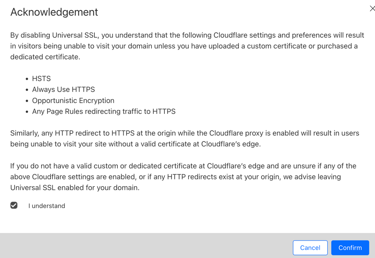 Cloudflare disable universal ssl